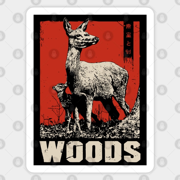 Vintage Deer and Baby in Forest Woods T-Shirt Magnet by TuncGK